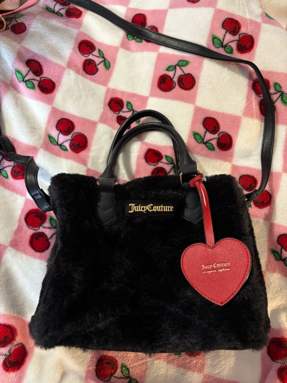 Juicy Couture Black Faux Fur Shoulder Tote with Red Heart Tag